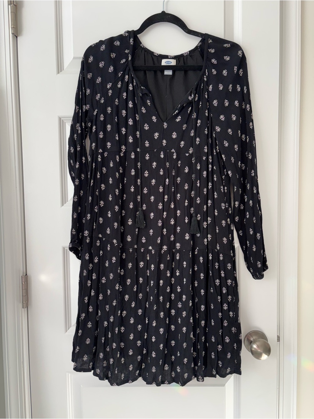 Old Navy Black Printed Peasant Dress M